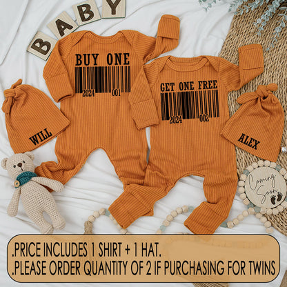 Funny Buy One Get One Free Twin Baby Bodysuit Hat Set with Modern Barcode Design, Newborn Coming Home Gift Matching Outfits for Boy Girl