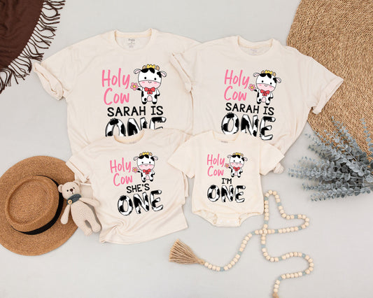 Personalized Holy Cow I'm One First Birthday Mommy and Me Family Shirts Cute Farm Cow Print Birthday Girl Outfit Whimsical Crown Flower