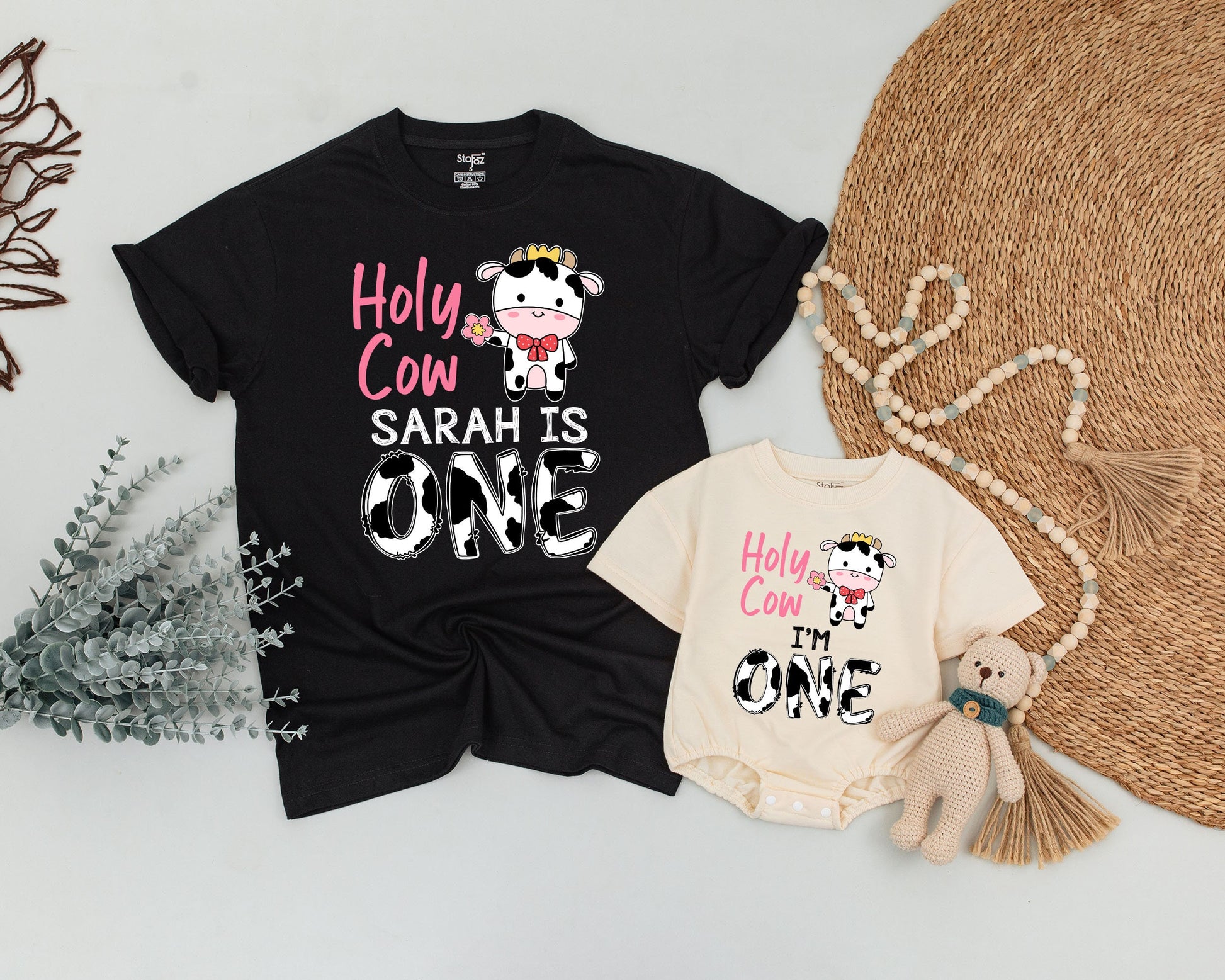Personalized Holy Cow I'm One First Birthday Mommy and Me Family Shirts Cute Farm Cow Print Birthday Girl Outfit Whimsical Crown Flower