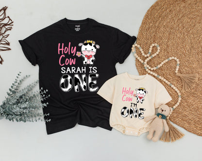 Personalized Holy Cow I'm One First Birthday Mommy and Me Family Shirts Cute Farm Cow Print Birthday Girl Outfit Whimsical Crown Flower