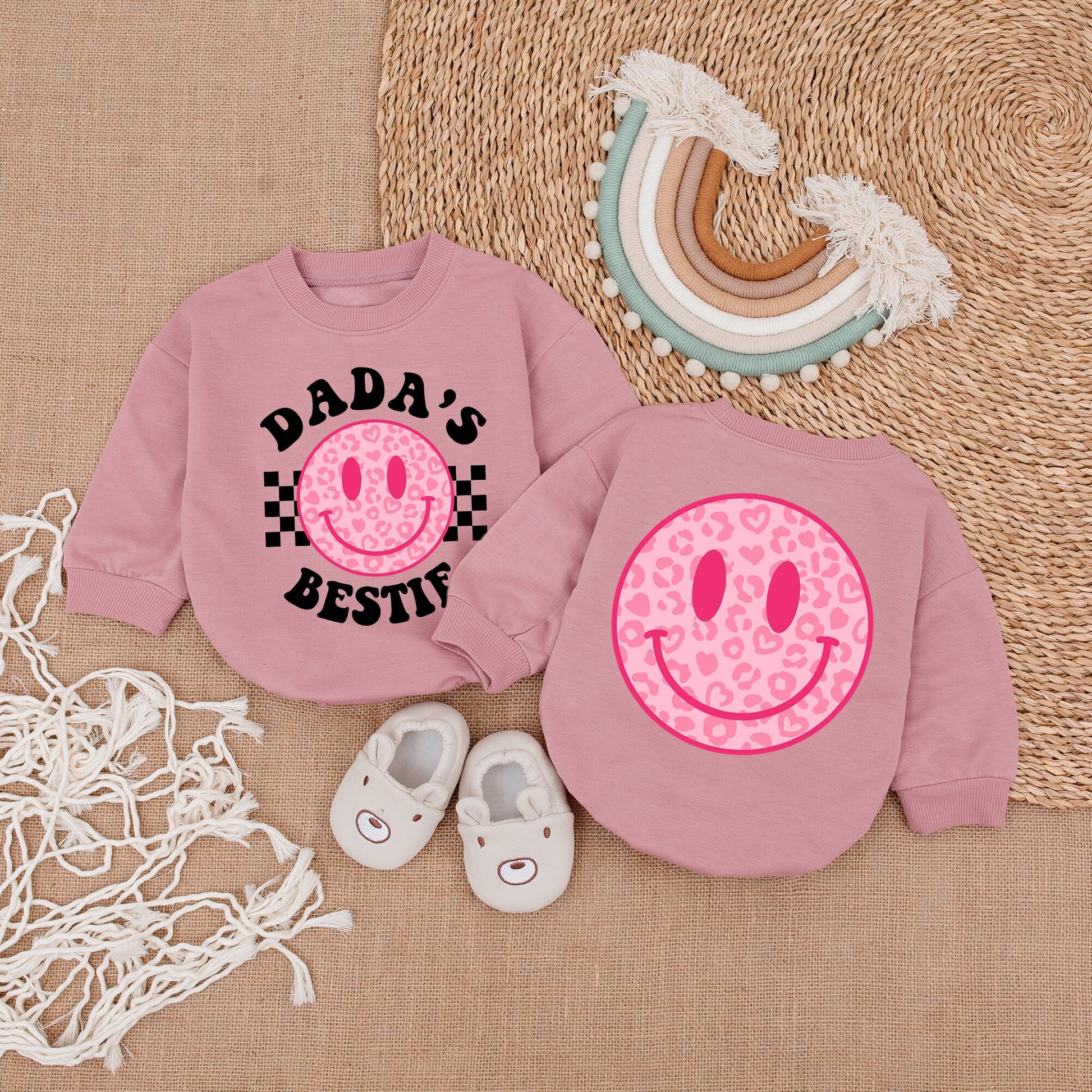Dada's Bestie Romper Baby Girl Outfit with Pink Leopard Smiley Face Hearts Daddy & Me Bodysuit Checkered Design Cute Gift