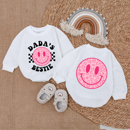 Dada's Bestie Romper Baby Girl Outfit with Pink Leopard Smiley Face Hearts Daddy & Me Bodysuit Checkered Design Cute Gift