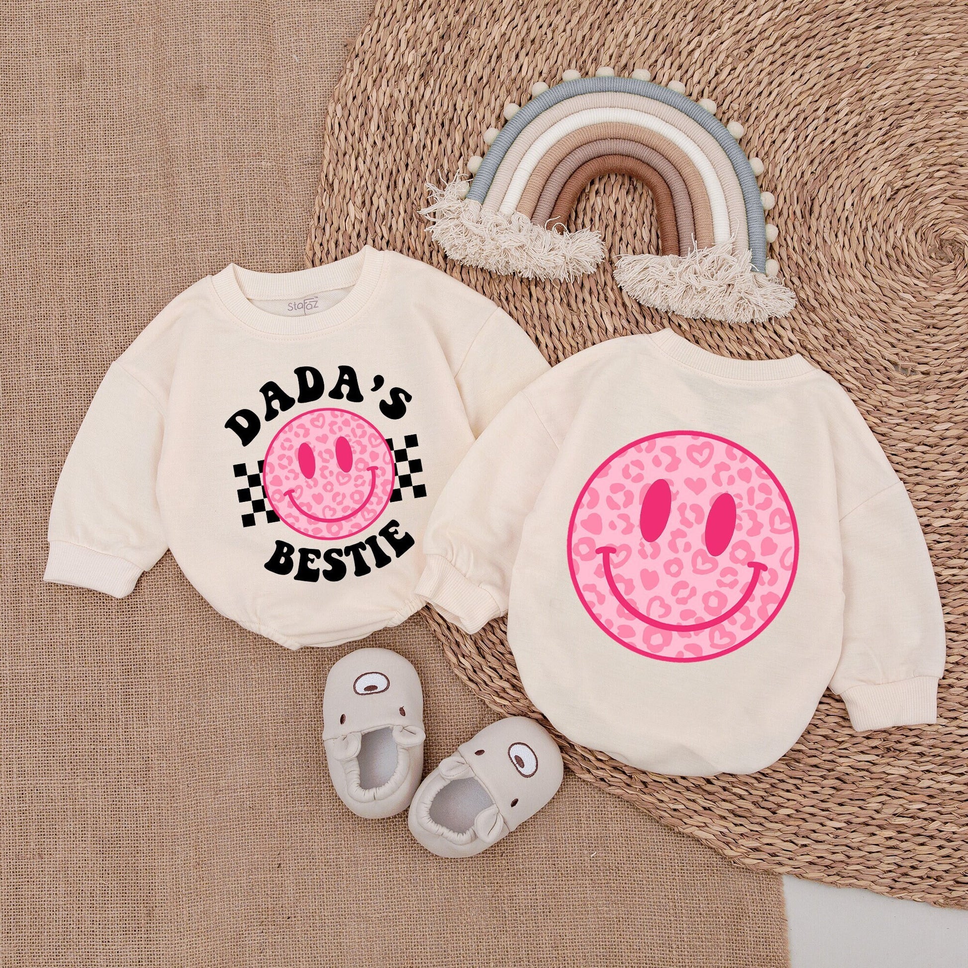 Dada's Bestie Romper Baby Girl Outfit with Pink Leopard Smiley Face Hearts Daddy & Me Bodysuit Checkered Design Cute Gift