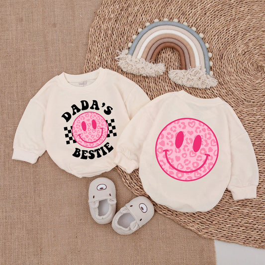 Dada's Bestie Romper Baby Girl Outfit with Pink Leopard Smiley Face Hearts Daddy & Me Bodysuit Checkered Design Cute Gift