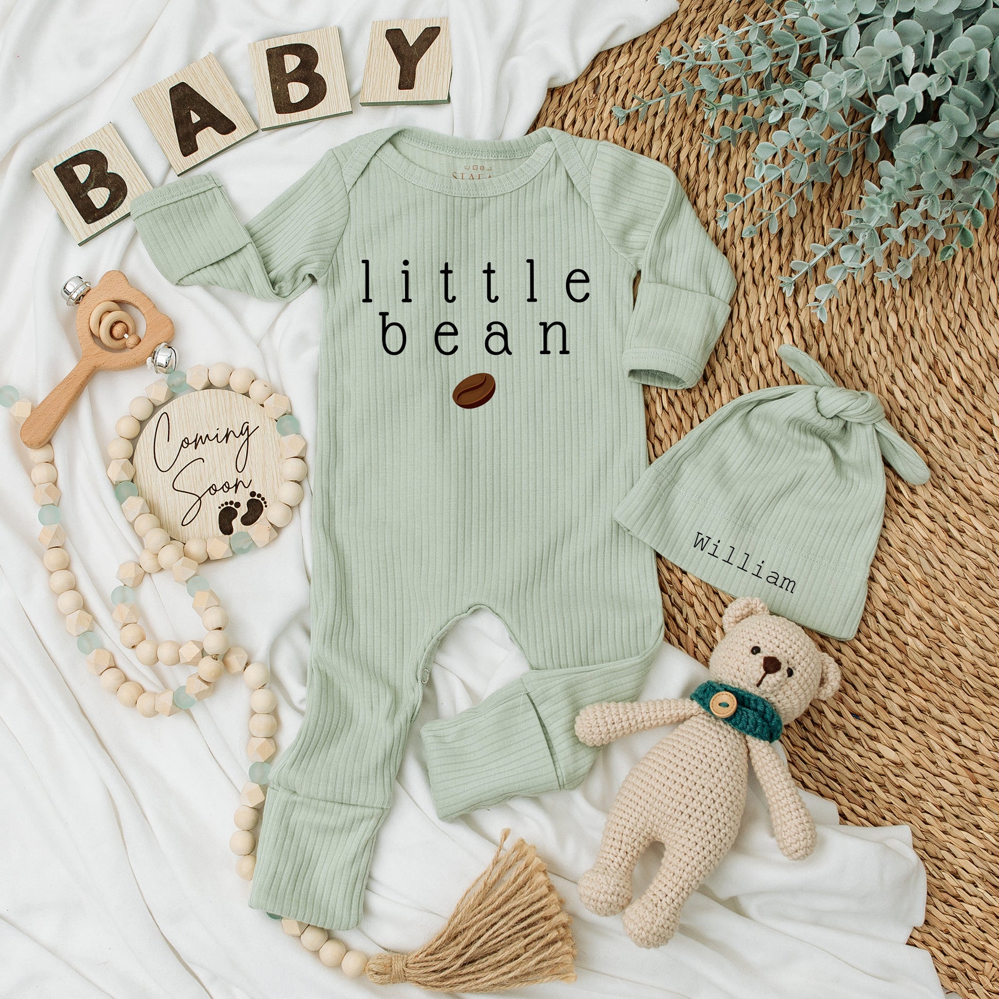Personalized Little Bean Baby Bodysuit Hat Set with Name Coffee Graphic Unisex Newborn Gift Modern Minimalist Going Home Outfit Keepsake