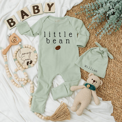 Personalized Little Bean Baby Bodysuit Hat Set with Name Coffee Graphic Unisex Newborn Gift Modern Minimalist Going Home Outfit Keepsake