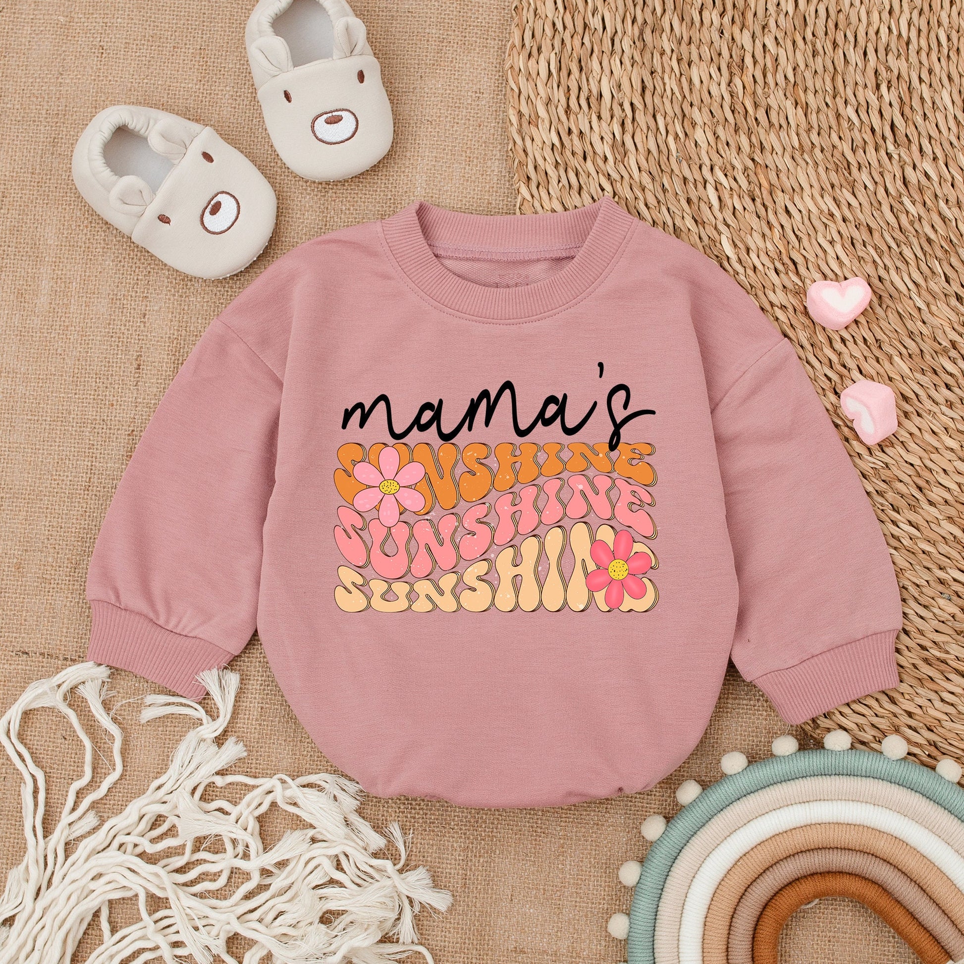 Mama's Sunshine Retro Baby Girl Romper with Pink Flowers Vintage Style Cotton Outfit Playful Bestie Newborn Infant Bodysuit Baby Shower Gift