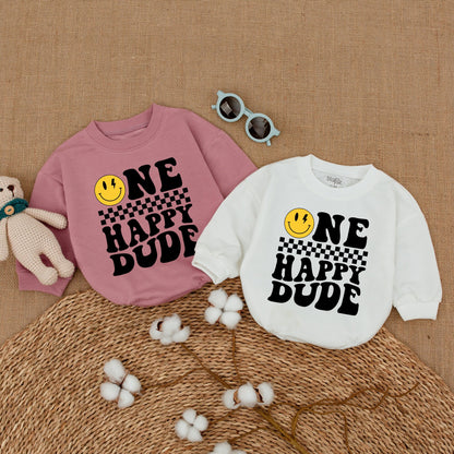 Personalized One Happy Dude Romper Retro 70s Smiley Face First Birthday Outfit Matching Family Cake Smash Newborn Boy Lightning Bolt Gift