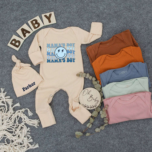 Personalized Mama's Boy Retro Bodysuit Hat Set Wavy Blue Smiley Face Lightning Bolt Infant Newborn Boy Outfit Comfortable New Mom Gift