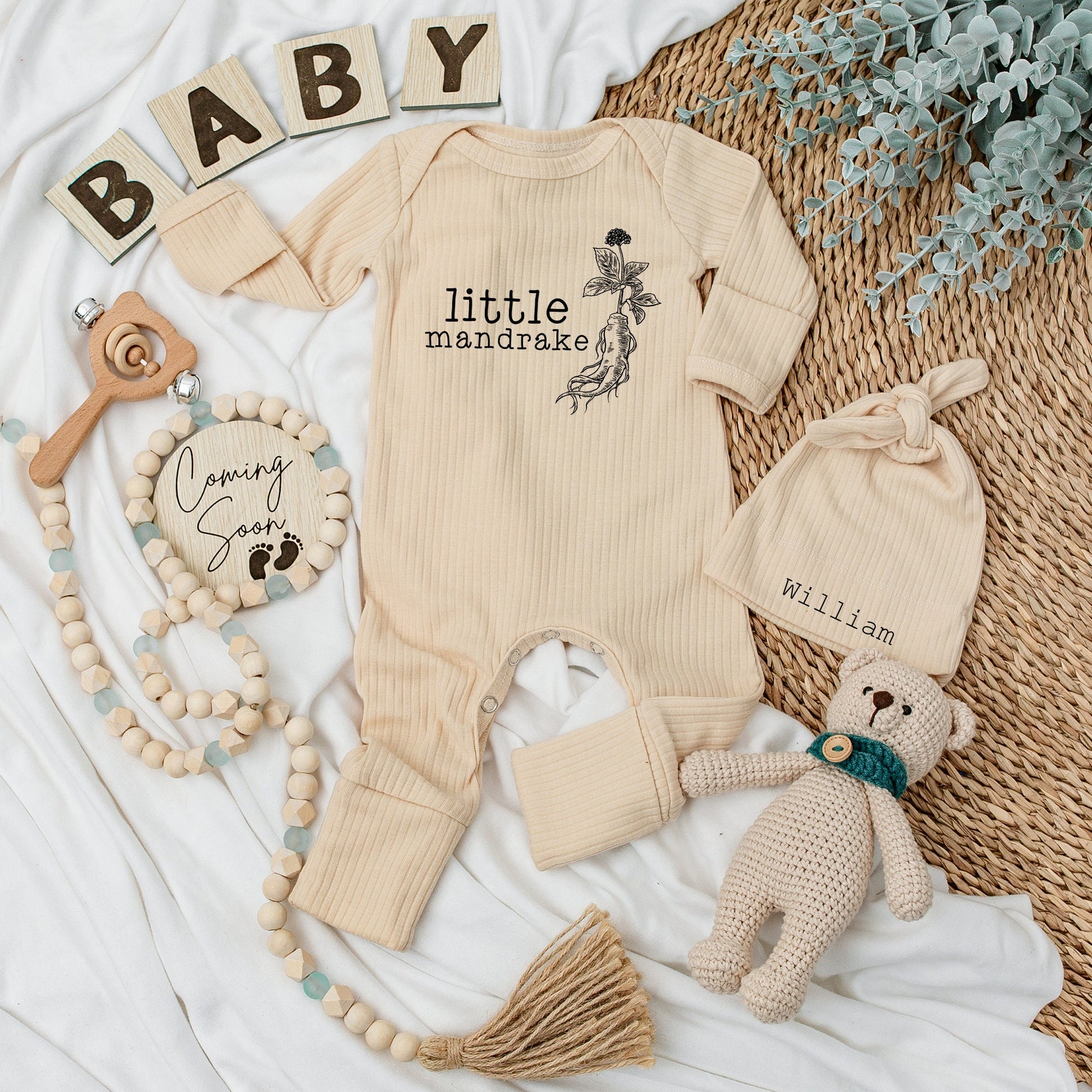 Little Mandrake Personalized Baby Bodysuit and Hat Set William Beanie Magical Wizard Newborn Outfit Unisex Welcome Home Gift Minimalist Plant