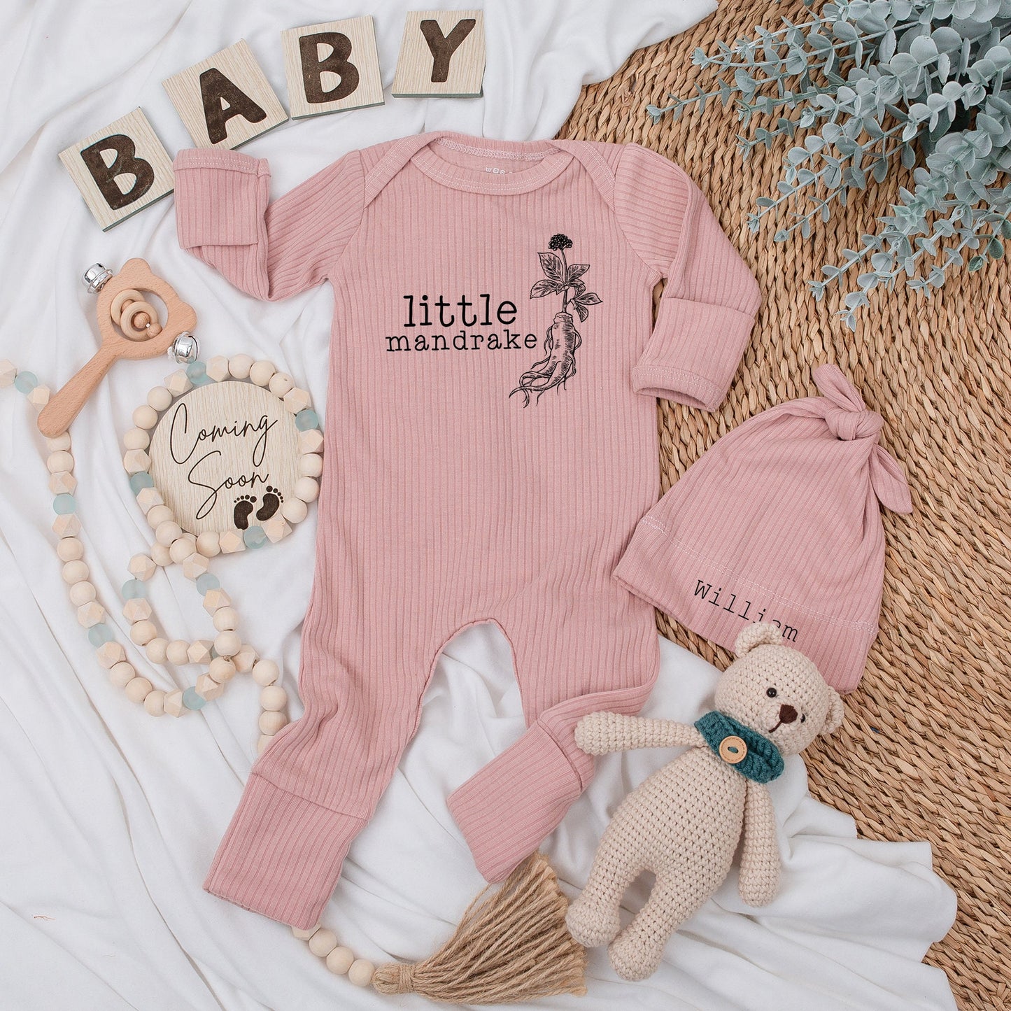 Little Mandrake Personalized Baby Bodysuit and Hat Set William Beanie Magical Wizard Newborn Outfit Unisex Welcome Home Gift Minimalist Plant