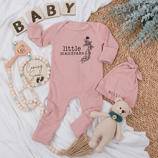 Little Mandrake Personalized Baby Bodysuit and Hat Set William Beanie Magical Wizard Newborn Outfit Unisex Welcome Home Gift Minimalist Plant