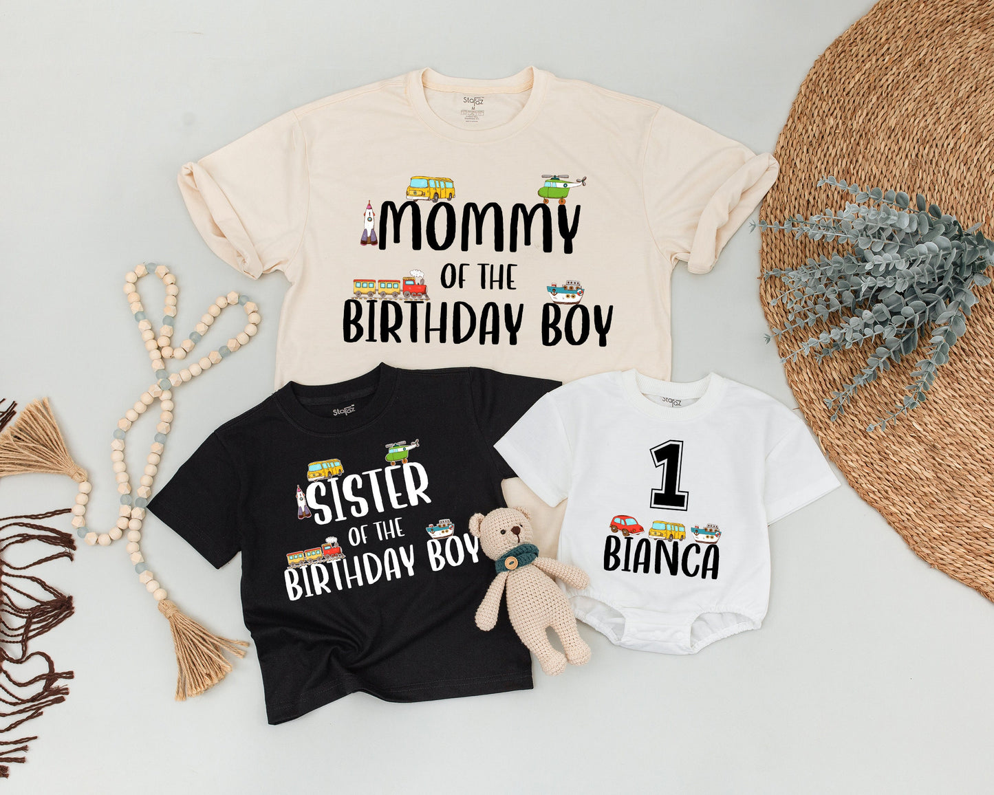 Personalized Matching Family Transportation Birthday Shirts Custom Name Colorful Cartoon Vehicles Playful Boy's 1st Birthday Party Outfit for Mom Dad Sister