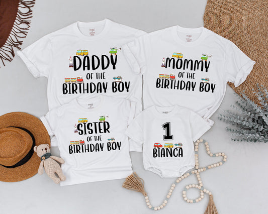 Personalized Matching Family Transportation Birthday Shirts Custom Name Colorful Cartoon Vehicles Playful Boy's 1st Birthday Party Outfit for Mom Dad Sister