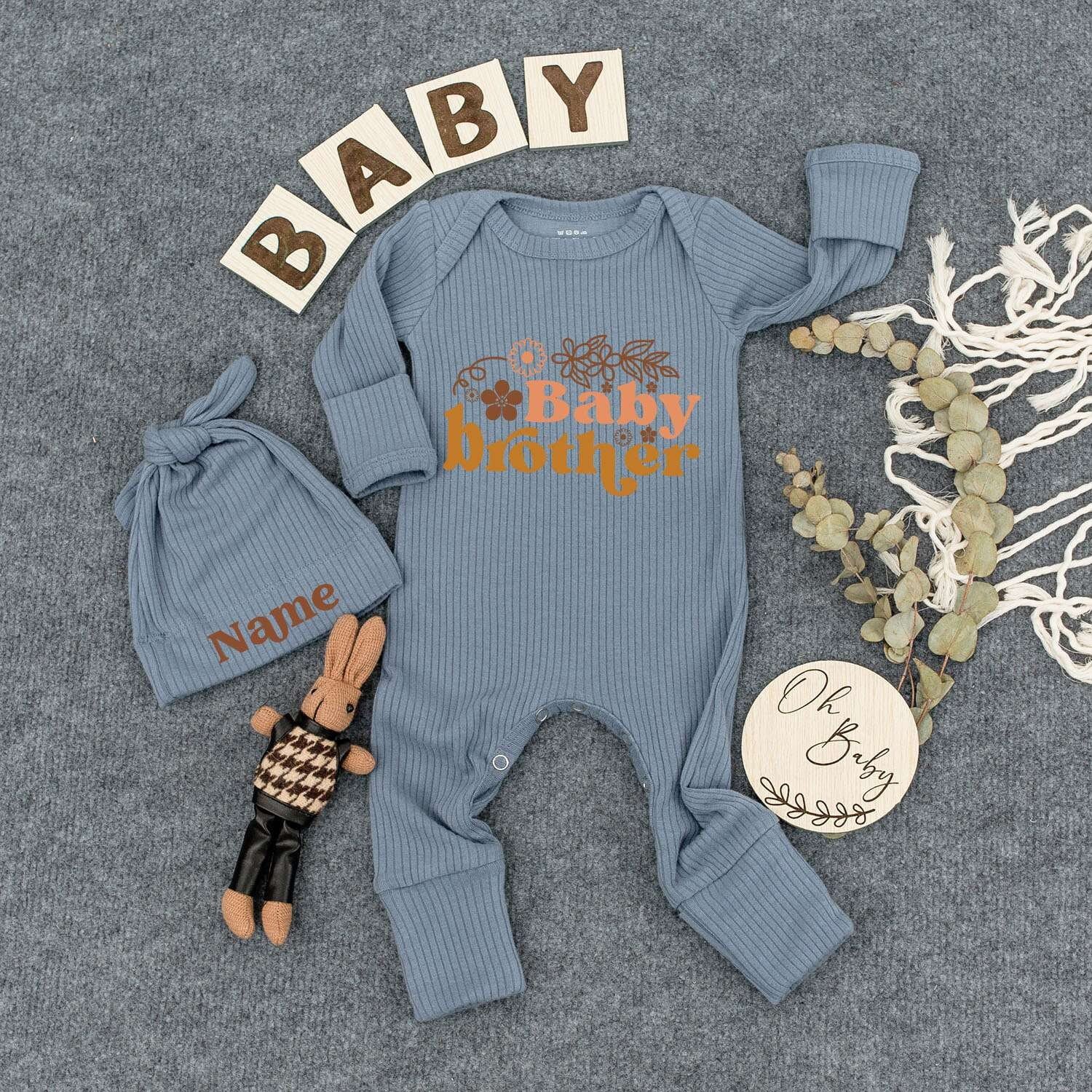 Personalized Baby Brother Floral Bodysuit and Name Hat Set Newborn Outfit Brown Pink Vintage Design Cute Boy Baby Shower Gift Coming Home