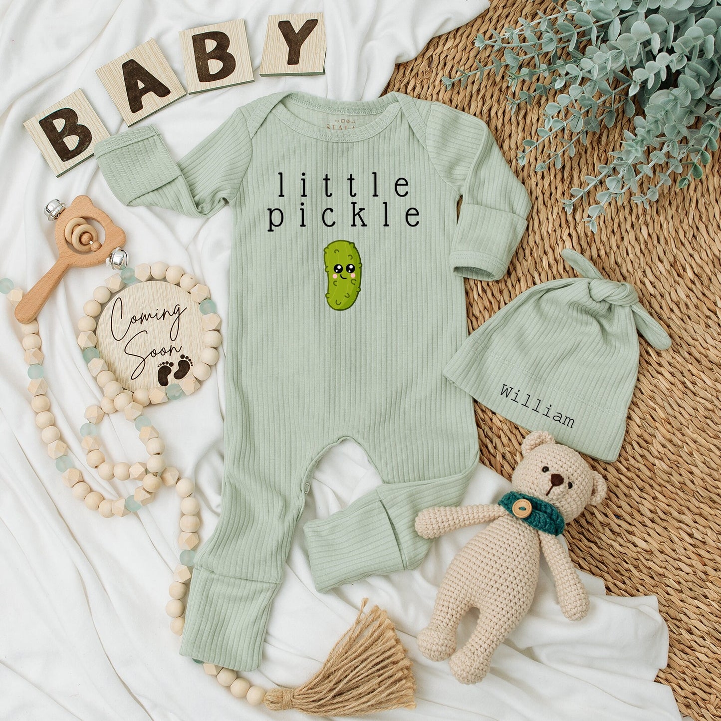 Baby Pickle Outfit - Little Pickle Baby Bodysuit Hat Set Green Pickle Design Unisex Newborn Baby Shower Gift Soft Cotton 