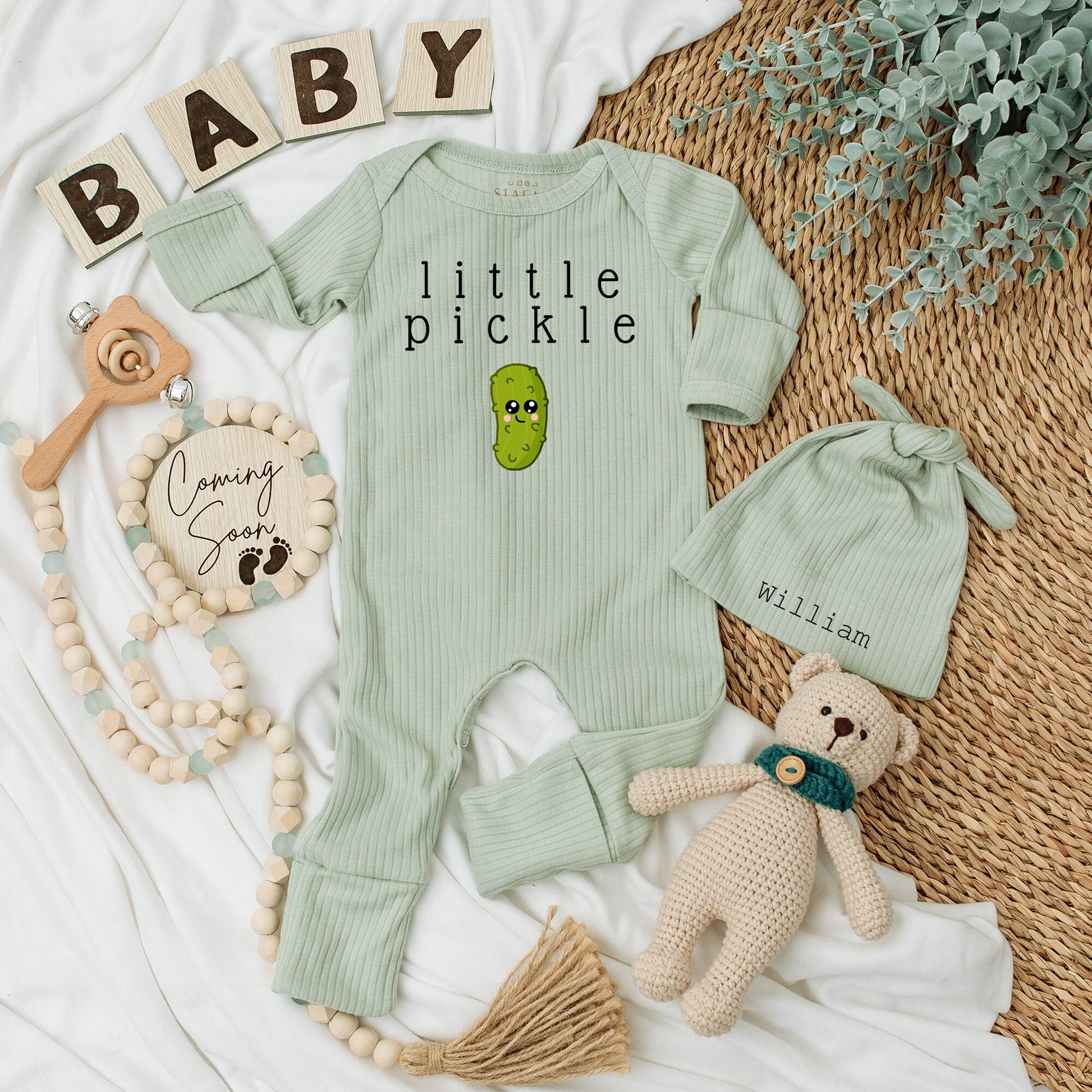 Baby Pickle Outfit - Little Pickle Baby Bodysuit Hat Set Green Pickle Design Unisex Newborn Baby Shower Gift Soft Cotton 