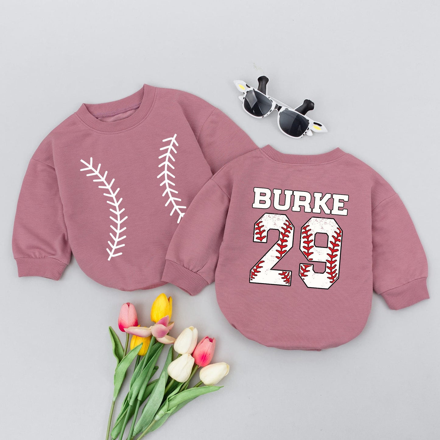 Custom Baseball Jersey Bodysuit for Baby with Personalized Name and Number Sporty Red Stitching Design Infant Boy Girl Shower Gift