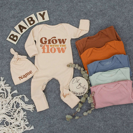 Custom Grow with the Flow Baby Bodysuit Hat Set Cute Retro Newborn Gift Soft Brown Peach Flower Infant Coming Home Outfit for Baby Girl Boy