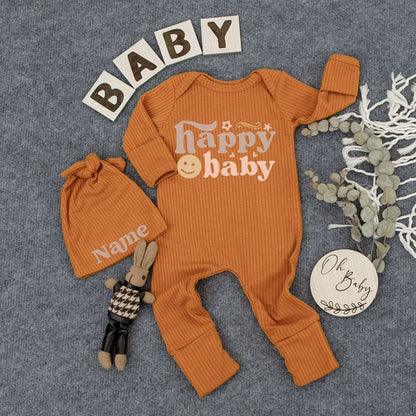 Personalized Retro Happy Baby Bodysuit and Hat Set with Smiling Face Icon Brown Peach Design Starbursts Custom Name Newborn Gift