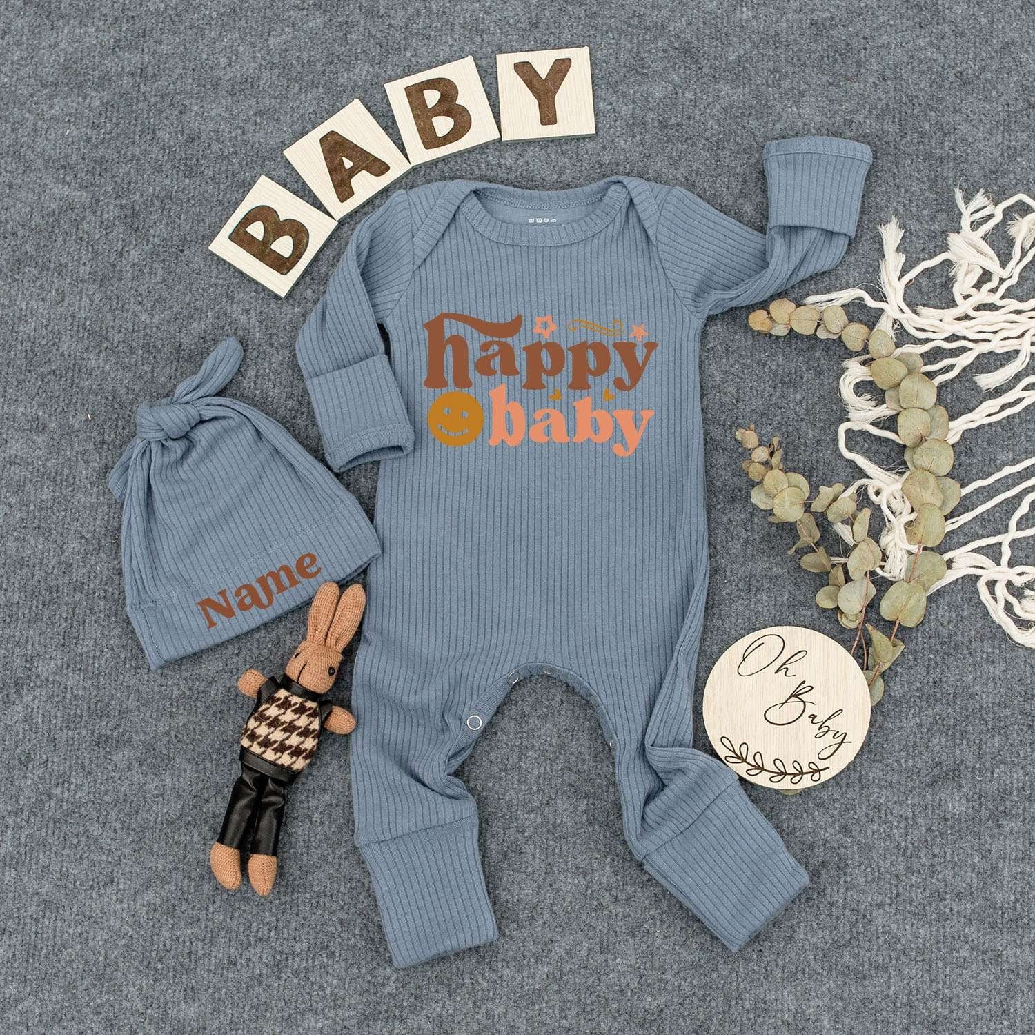 Personalized Retro Happy Baby Bodysuit and Hat Set with Smiling Face Icon Brown Peach Design Starbursts Custom Name Newborn Gift