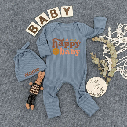 Personalized Retro Happy Baby Bodysuit and Hat Set with Smiling Face Icon Brown Peach Design Starbursts Custom Name Newborn Gift