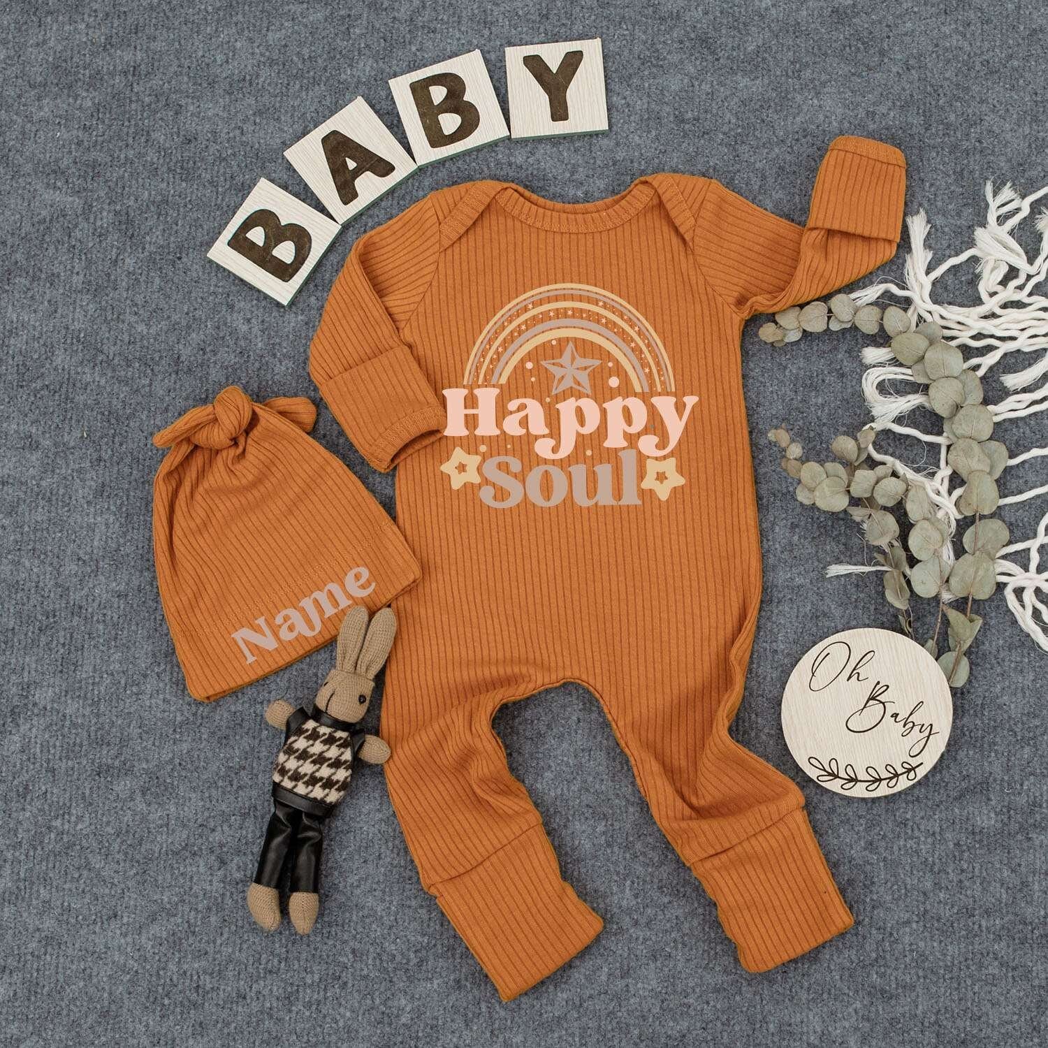 Personalized Happy Soul Baby Bodysuit & Hat Set with Name, Cute Tan Brown Rainbow Print Newborn Gift Outfit for Girls Boys, Soft Cotton Romper
