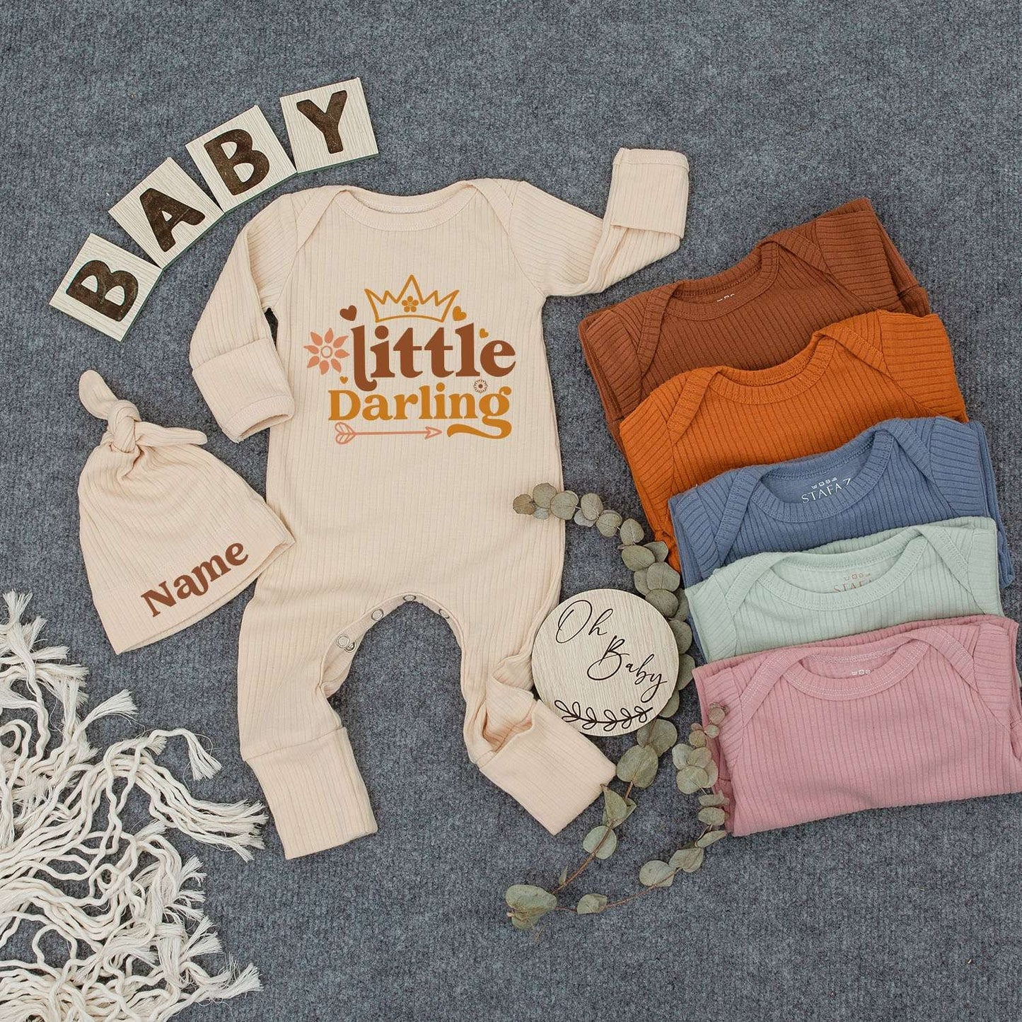 Al Dente Italian Pasta Baby Romper 'little Darling' Print Whimsical Floral Crown Design Cute Minimalist Tan Peach Newborn Outfit Shower Gift