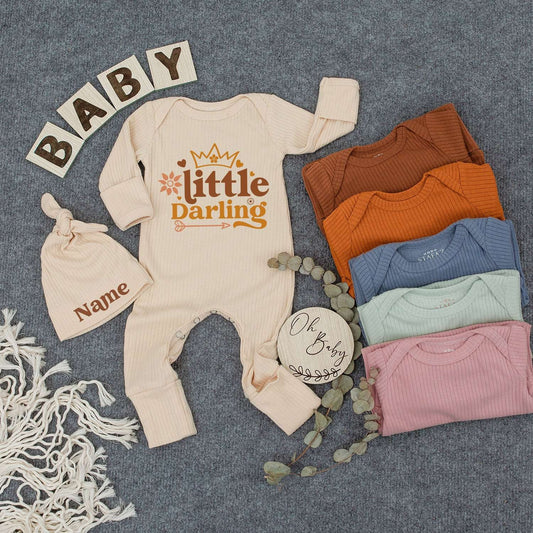 Al Dente Italian Pasta Baby Romper 'little Darling' Print Whimsical Floral Crown Design Cute Minimalist Tan Peach Newborn Outfit Shower Gift