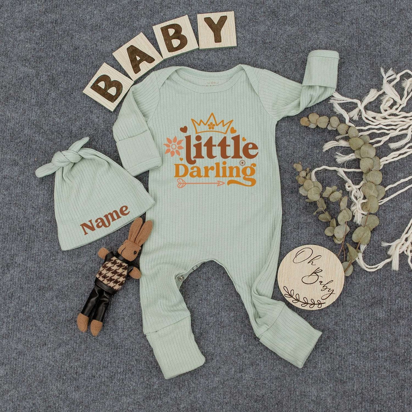 Al Dente Italian Pasta Baby Romper 'little Darling' Print Whimsical Floral Crown Design Cute Minimalist Tan Peach Newborn Outfit Shower Gift