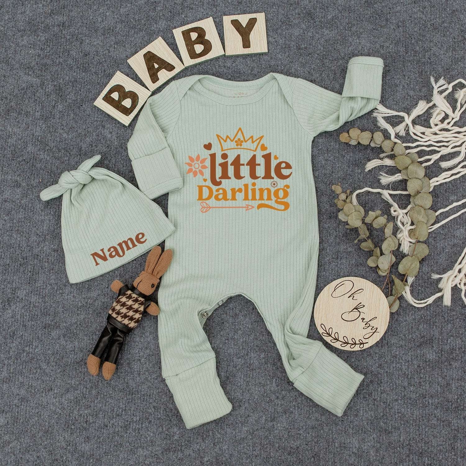 Al Dente Italian Pasta Baby Romper 'little Darling' Print Whimsical Floral Crown Design Cute Minimalist Tan Peach Newborn Outfit Shower Gift