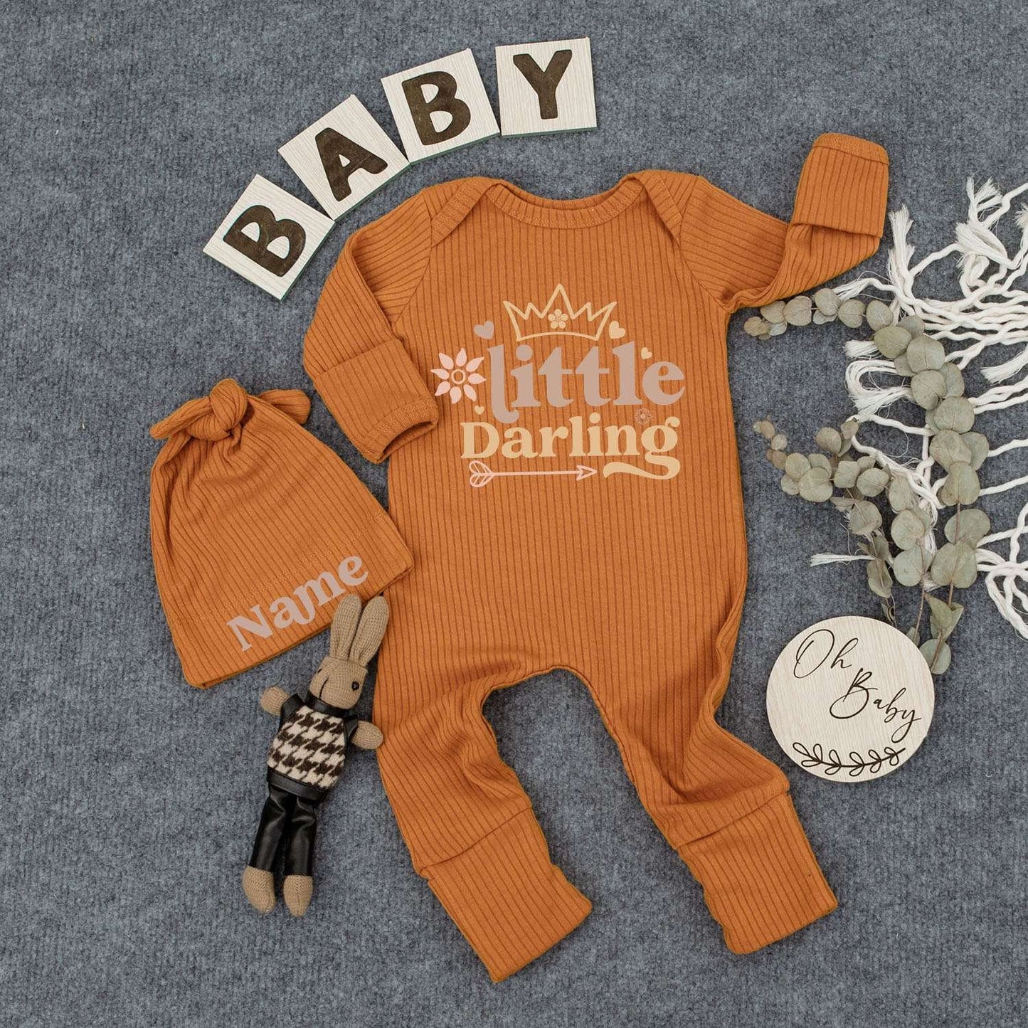 Al Dente Italian Pasta Baby Romper 'little Darling' Print Whimsical Floral Crown Design Cute Minimalist Tan Peach Newborn Outfit Shower Gift