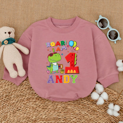 Personalized Roar I Am One First Birthday Dinosaur Romper with Cool Cartoon Dino Design Vibrant Baby Boy Girl Infant Cake Smash Outfit Comfortable