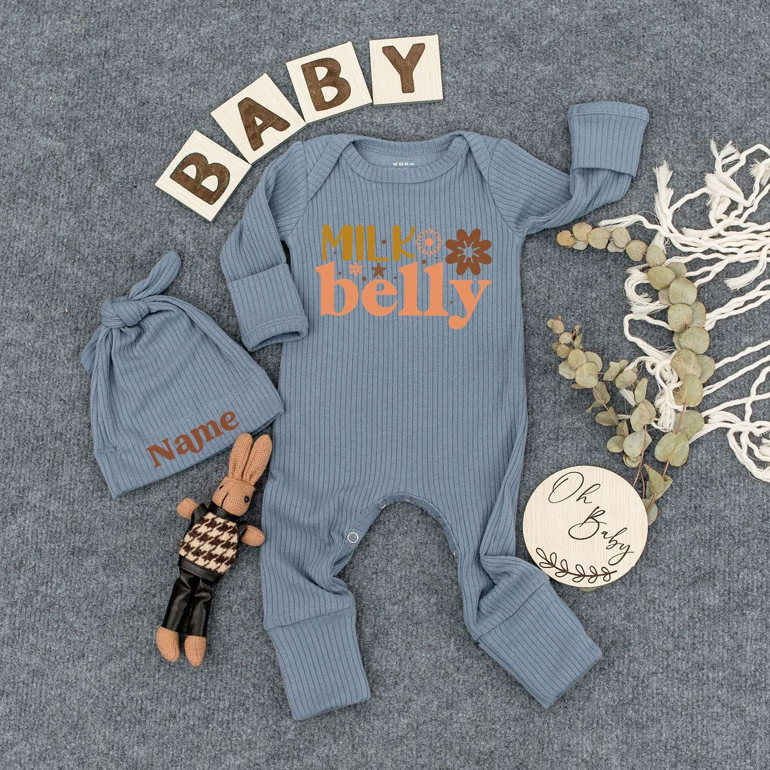 Playful Milk Belly Newborn Bodysuit & Hat Set Cute Retro Infant Outfit with Whimsical Stars Flowers Design Funny Baby Romper Gift Sleepsuit