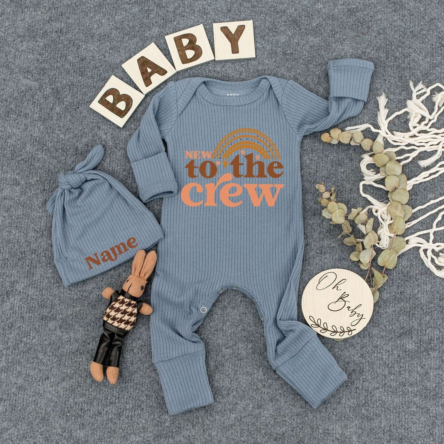 Personalized New to the Crew Baby Bodysuit and Hat Set with Custom Name Tan Peach Rainbow Infant Outfit Gender Neutral Newborn Gift Funny Milk Drinking