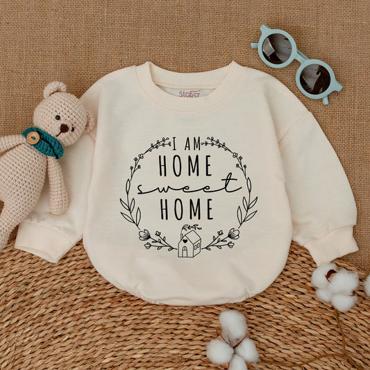 I Am Home Sweet Home Wreath Design Baby Romper Minimalist Bubble Bodysuit Cute House Artwork New Baby Gift Pregnancy Announcement Outfit
