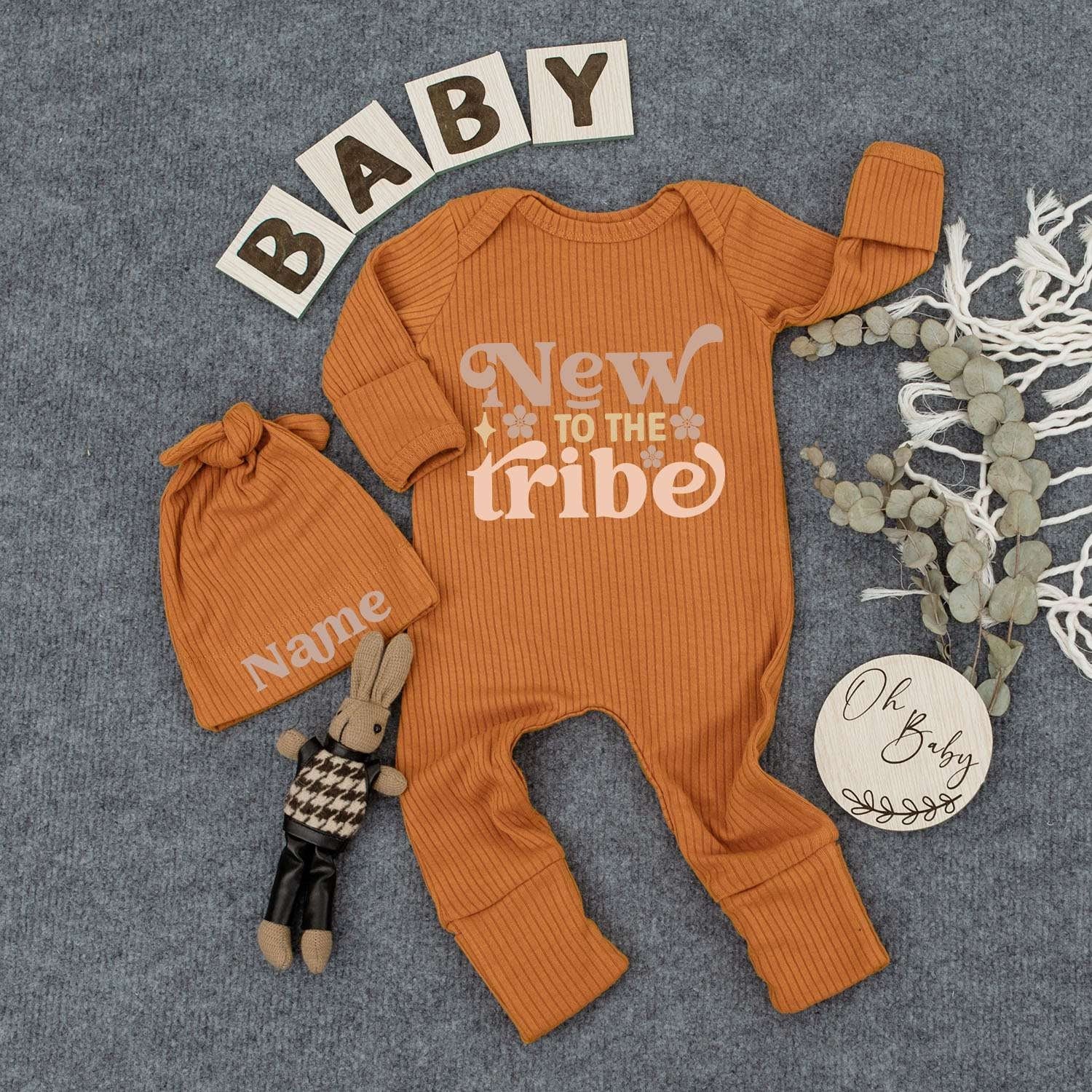 Personalized Newborn 'New to the Tribe' Bodysuit Hat Set Custom Name Baby Gift Cute Floral Retro Whimsical Outfit Brown Peach Two-Toned Infant Sleepsuit