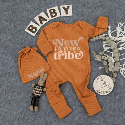 Personalized Newborn 'New to the Tribe' Bodysuit Hat Set Custom Name Baby Gift Cute Floral Retro Whimsical Outfit Brown Peach Two-Toned Infant Sleepsuit