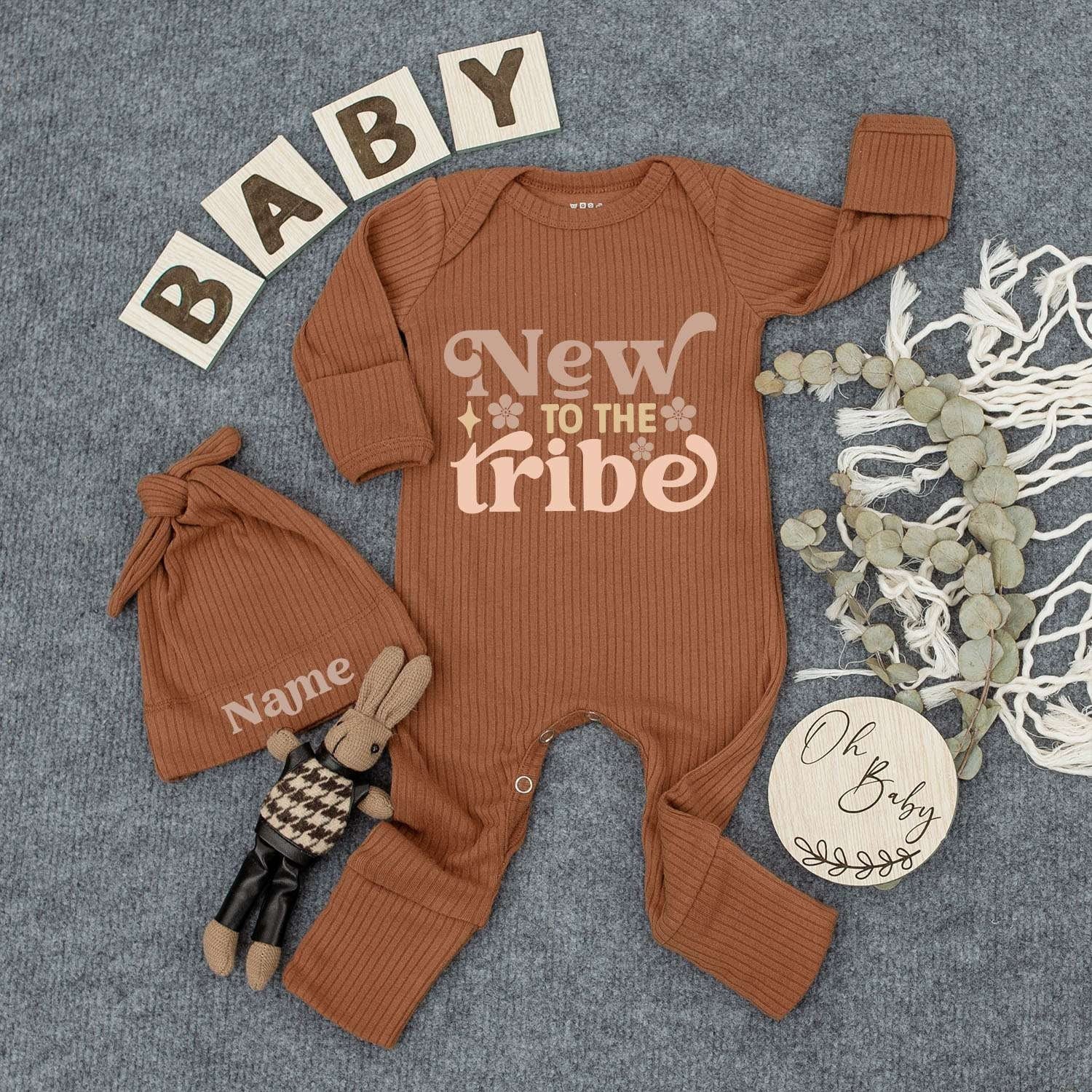 Personalized Newborn 'New to the Tribe' Bodysuit Hat Set Custom Name Baby Gift Cute Floral Retro Whimsical Outfit Brown Peach Two-Toned Infant Sleepsuit
