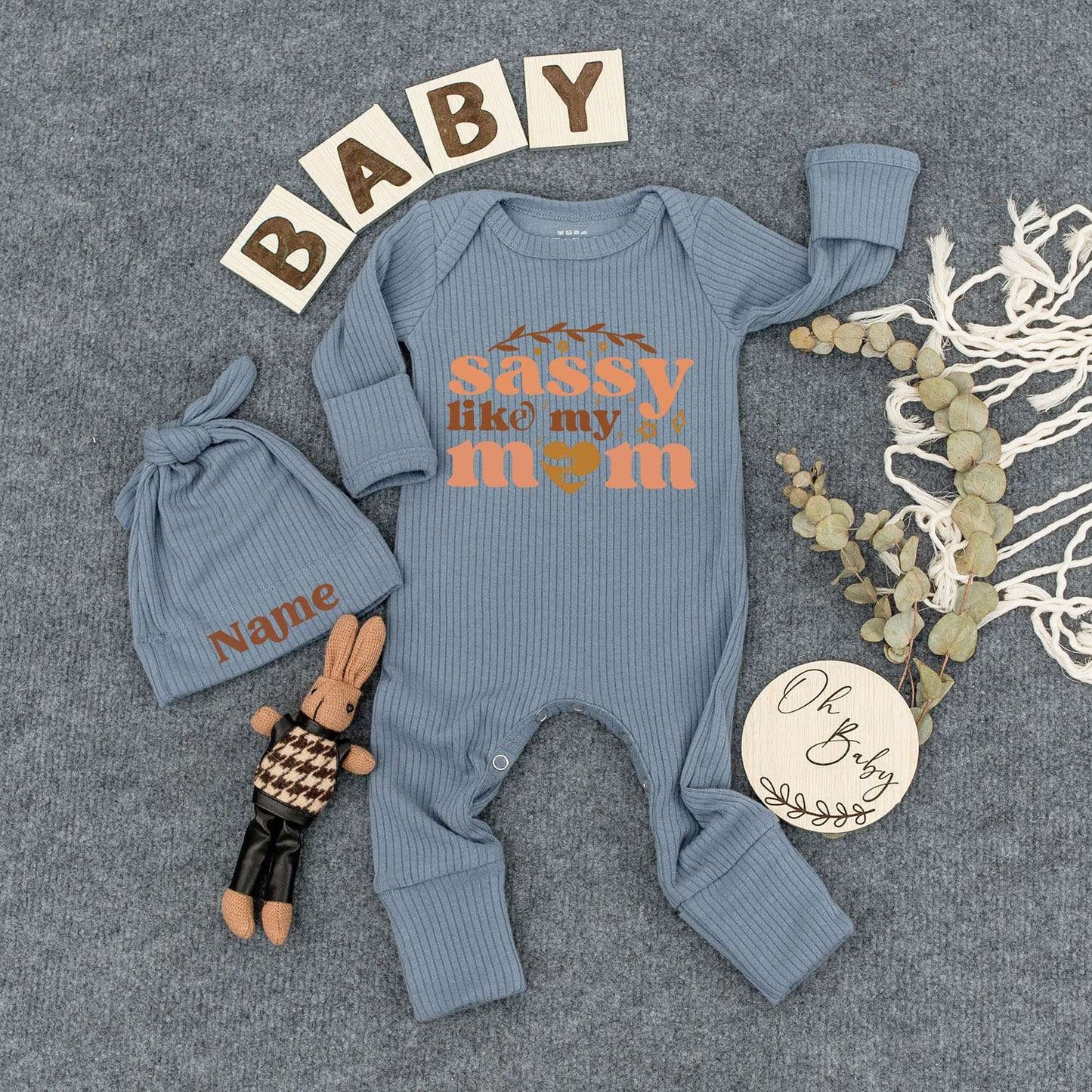 Custom Name Sassy Like My Mom Baby Bodysuit and Hat Set Retro Peach Brown Floral Heart Cute Newborn Infant Gift Outfit Gender Neutral