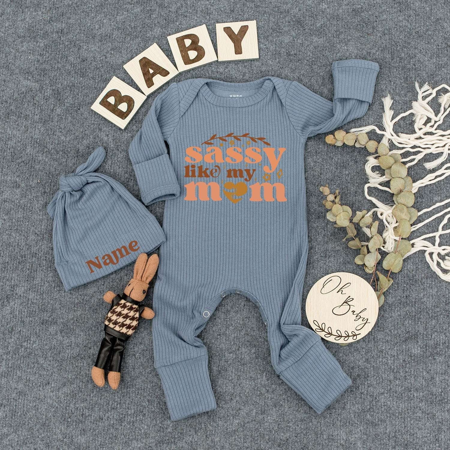 Custom Name Sassy Like My Mom Baby Bodysuit and Hat Set Retro Peach Brown Floral Heart Cute Newborn Infant Gift Outfit Gender Neutral