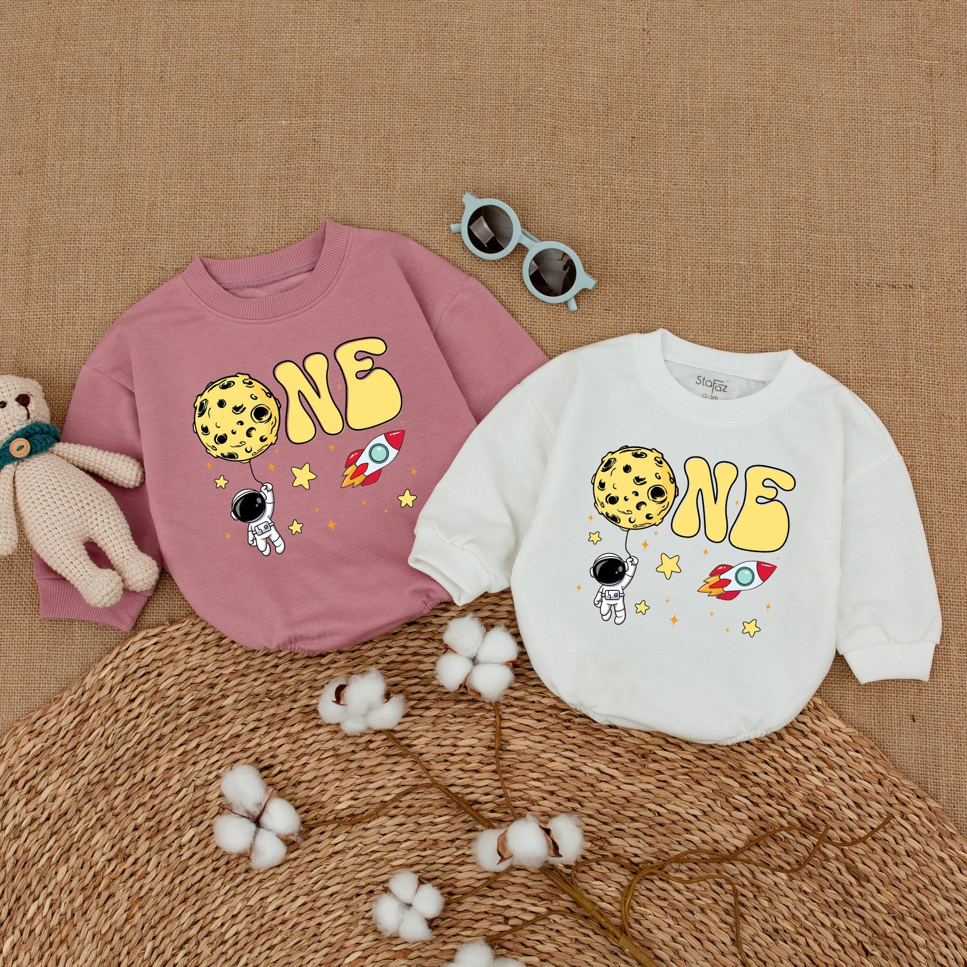 Personalized Space Astronaut 1st Birthday Bubble Romper Whimsical Rocket Stars Yellow Red Black Baby Bodysuit Outfit