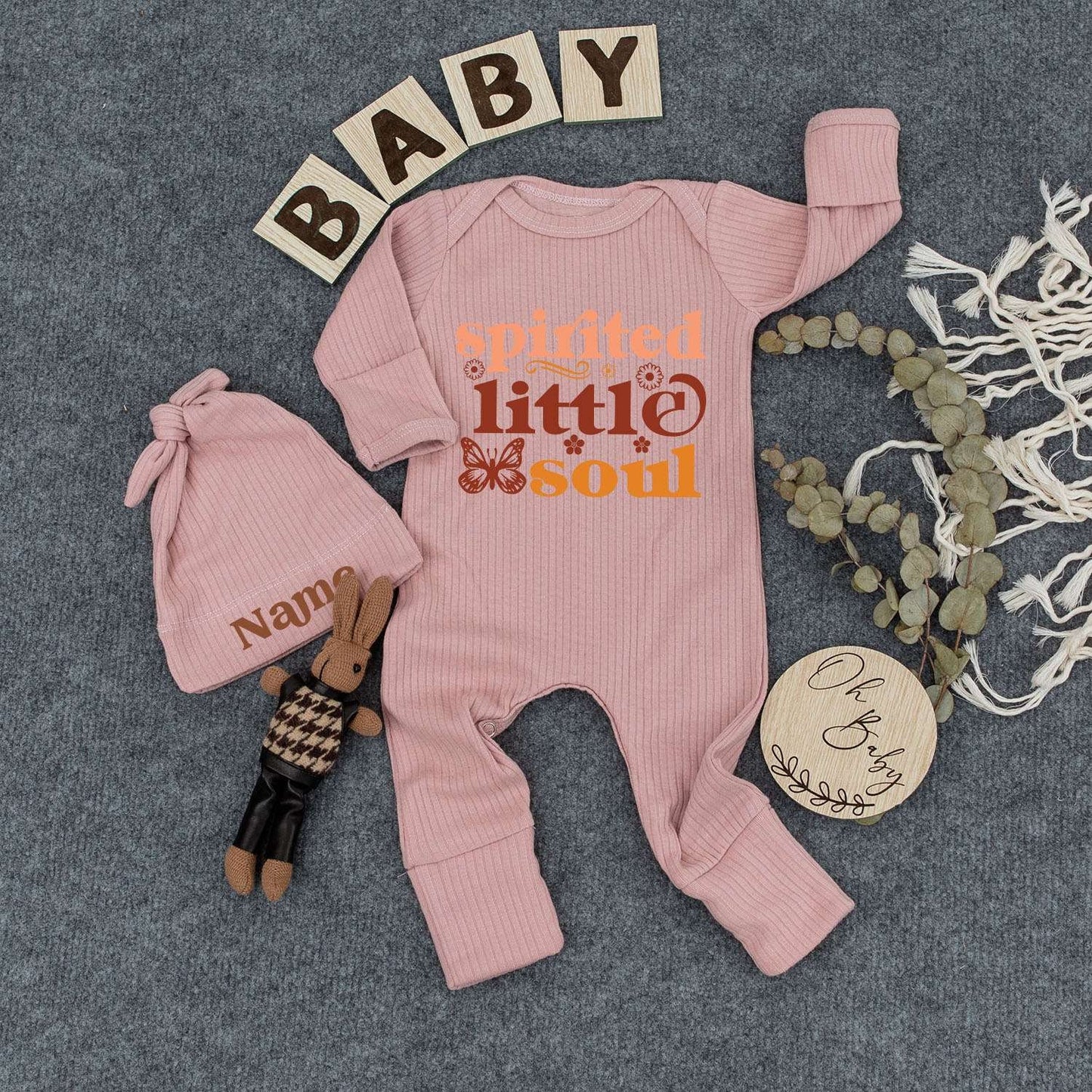 Spirited Little Soul Baby Bodysuit & Hat Set Floral Butterfly Retro Design Warm Tones Newborn Outfit Custom Shower Gift Cotton Cute Infant Clothes