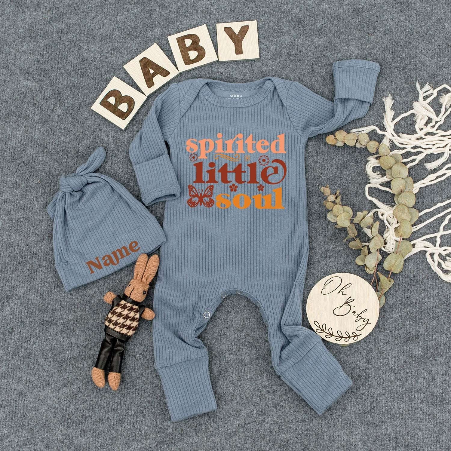Spirited Little Soul Baby Bodysuit & Hat Set Floral Butterfly Retro Design Warm Tones Newborn Outfit Custom Shower Gift Cotton Cute Infant Clothes