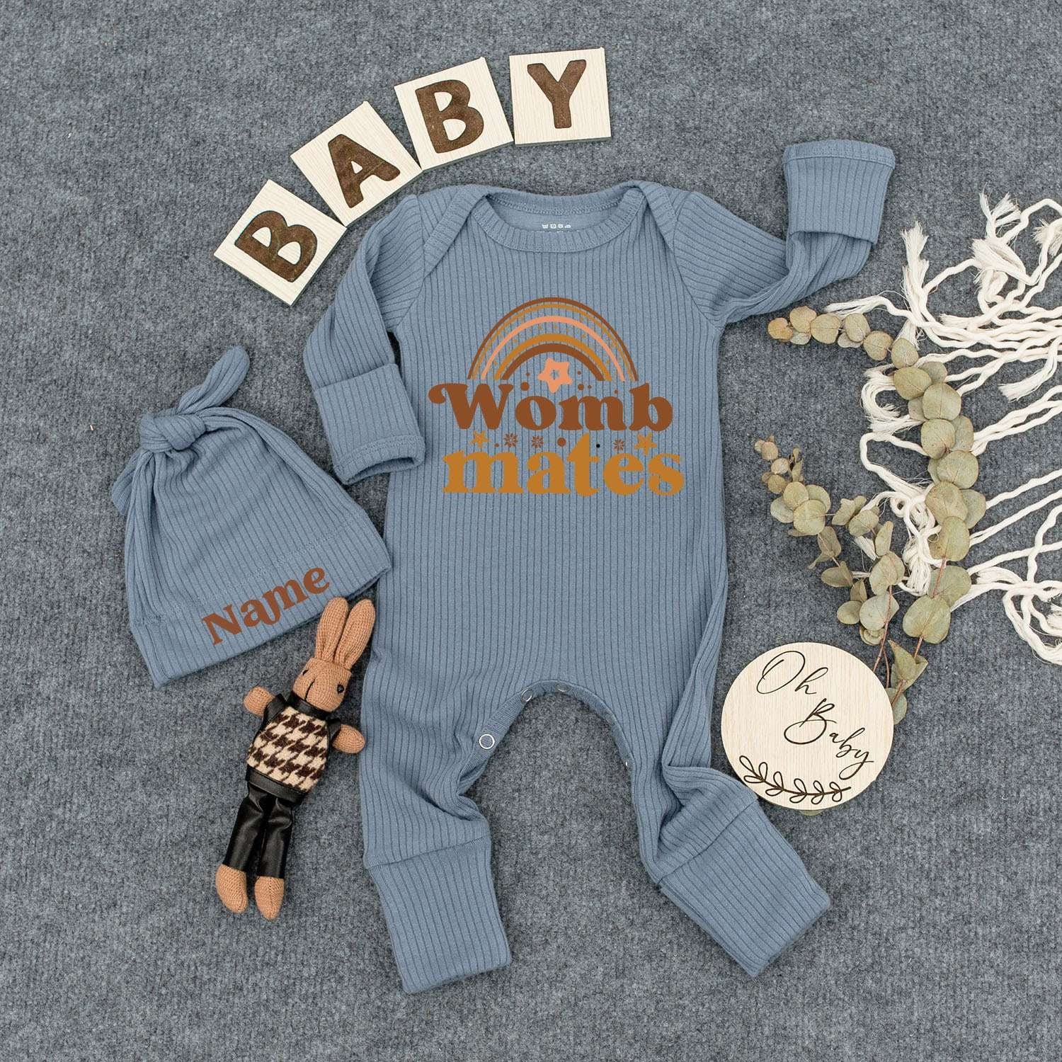 Womb Mates Bodysuit Custom Name Hat Set Cute Brown Rainbow Star Newborn Baby Twin Gift Outfit Vintage Whimsical Gender Neutral Announcement