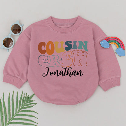 Personalized Cousin Crew Romper Retro 70s Style Infant Bodysuit Custom Name Bubbly Font Brown Orange Teal Starburst Family Reunion Gift