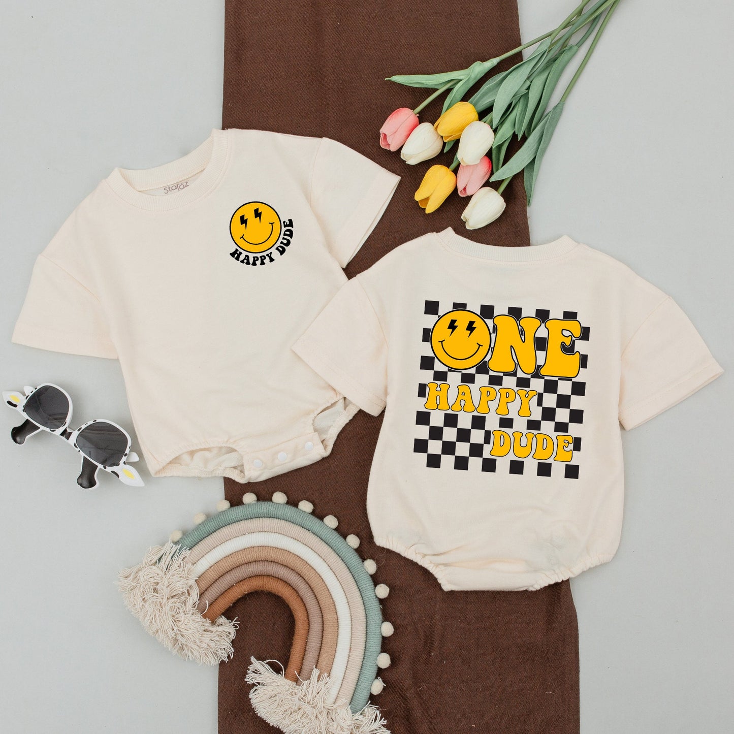 One Happy Dude 1st Birthday Matching Family Shirts Yellow Smiley Face Retro Checkerboard Mom Dad Baby Toddler Celebration Outfit