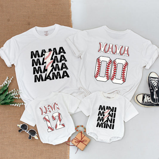 Personalized Baseball Family Matching Shirts for Mom, Mama, Mini, and Rookie featuring stitched baseball graphics, perfect for game day.