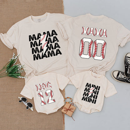 Personalized Baseball Family Matching Shirts for Mom, Mama, Mini, and Rookie featuring stitched baseball graphics, perfect for game day.