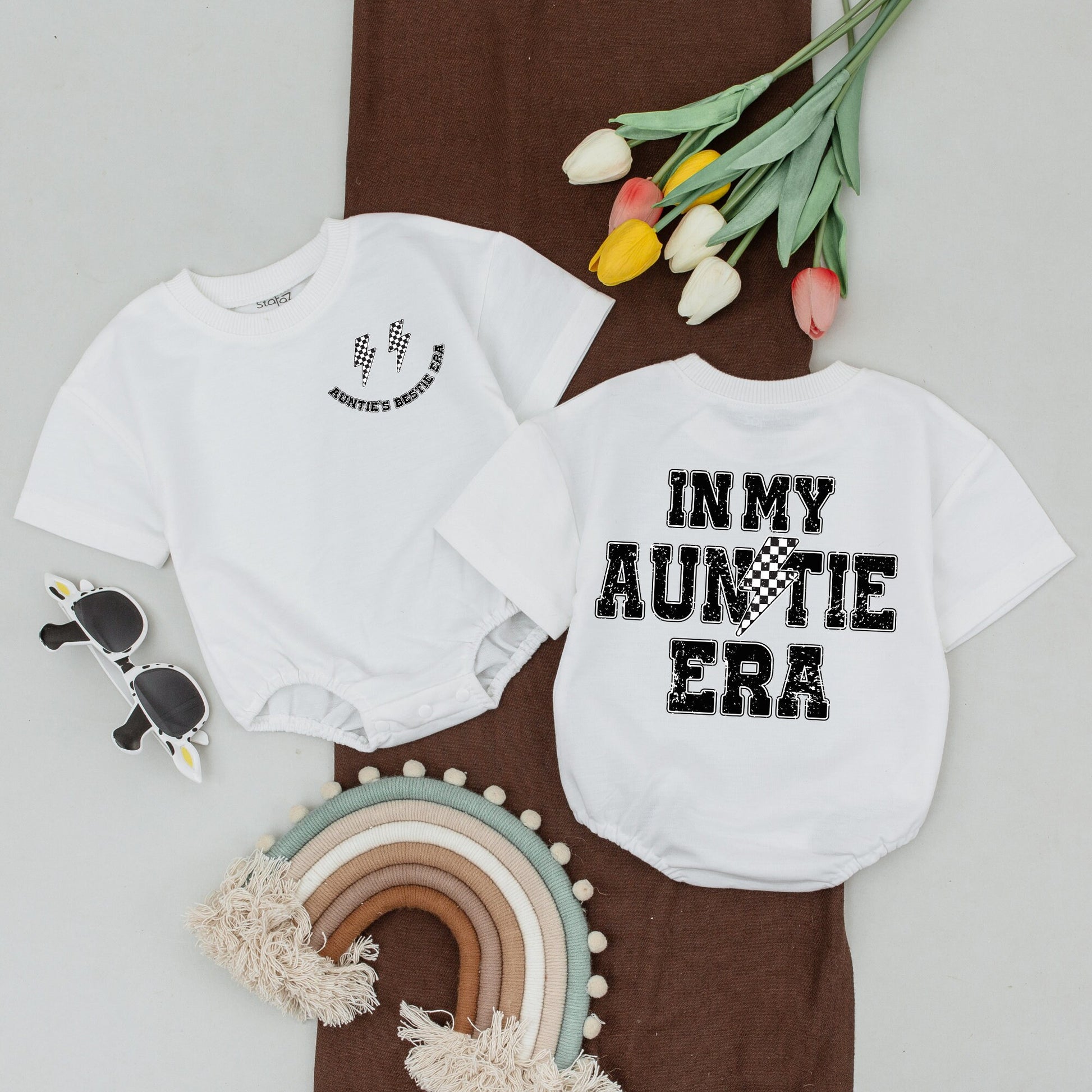 Cool Auntie Era Matching Outfit Auntie's Bestie Set Black White Distressed Design Trendy Lightning Bolt Newborn Girl Romper Baby Shower Gift